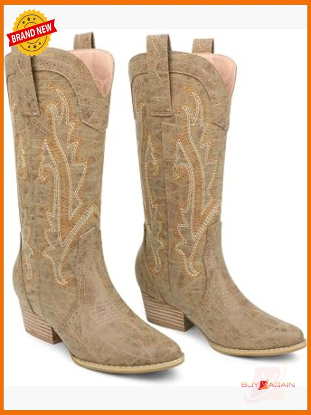 Women's Mid-Calf Cowboy Boots Pointy Toe Chunky Heel Embroidered